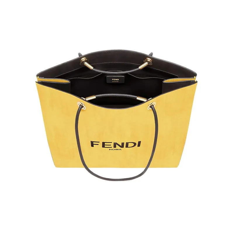 FENDI Leather Tote Bag Shopping Bag Shoulder Bags Medium Size Men's Yellow-3
