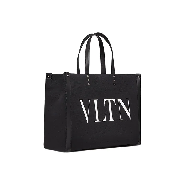 Valentino VLTN Cow Leather Tote Shopping Bags Medium Size Men's Black/White-1
