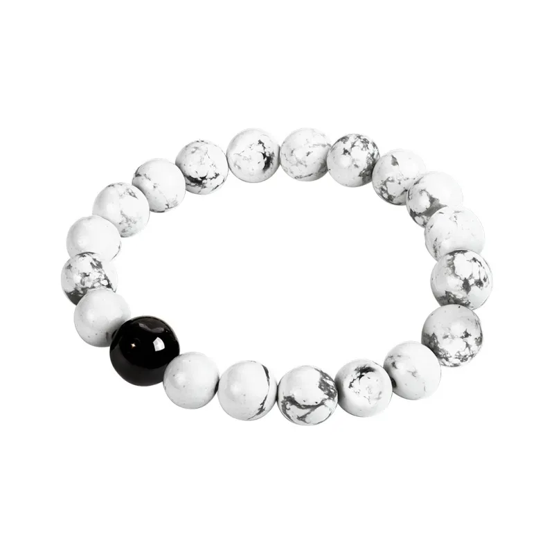 SIMPLE JOYS Silver Sheen Obsidian White Turquoise Couple Beaded Bracelet Unisex 1 Pair, Stretch-16