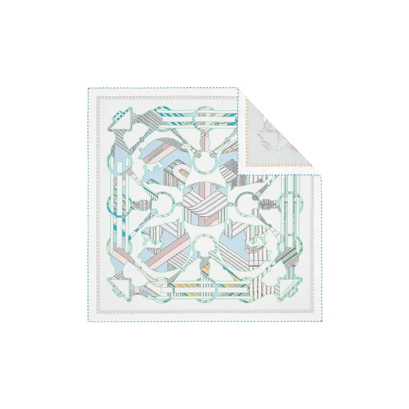 HERMES Curved Saddle Strap And Tatars Double Sided Square Scarf Light Blue/White-2