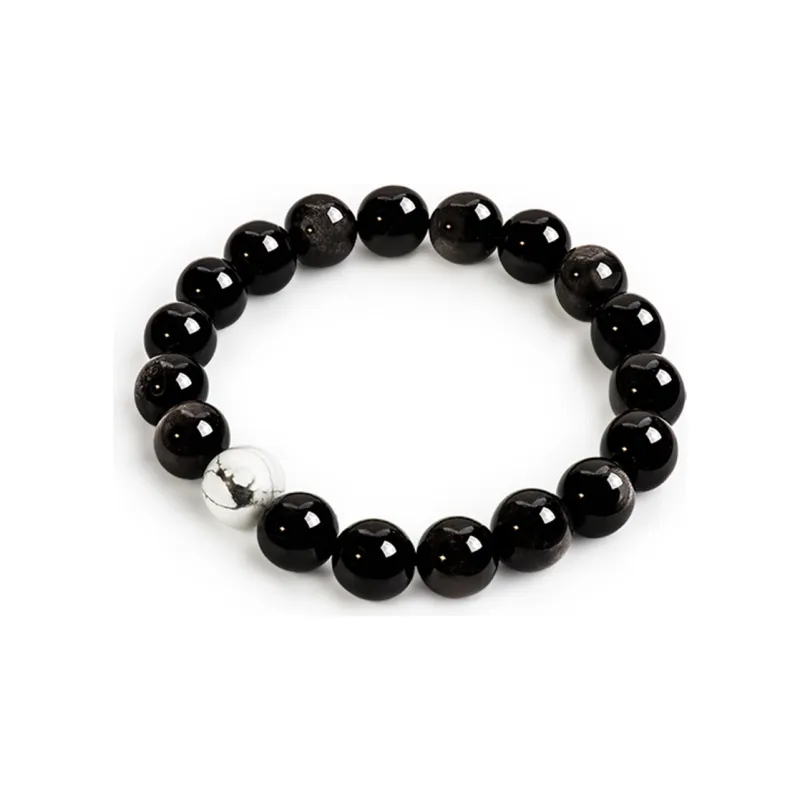 SIMPLE JOYS Silver Sheen Obsidian White Turquoise Couple Beaded Bracelet Unisex 1 Pair, Stretch-10