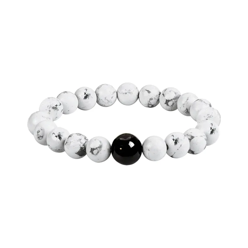 SIMPLE JOYS Silver Sheen Obsidian White Turquoise Couple Beaded Bracelet Unisex 1 Pair, Stretch-13