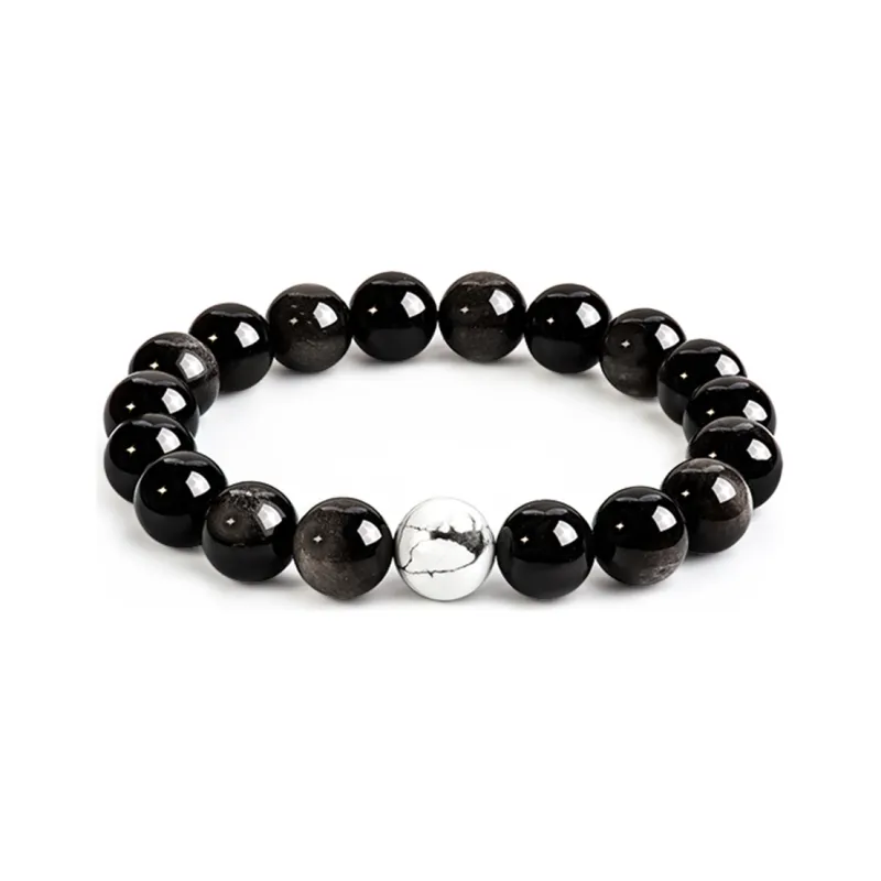 SIMPLE JOYS Silver Sheen Obsidian White Turquoise Couple Beaded Bracelet Unisex 1 Pair, Stretch-7