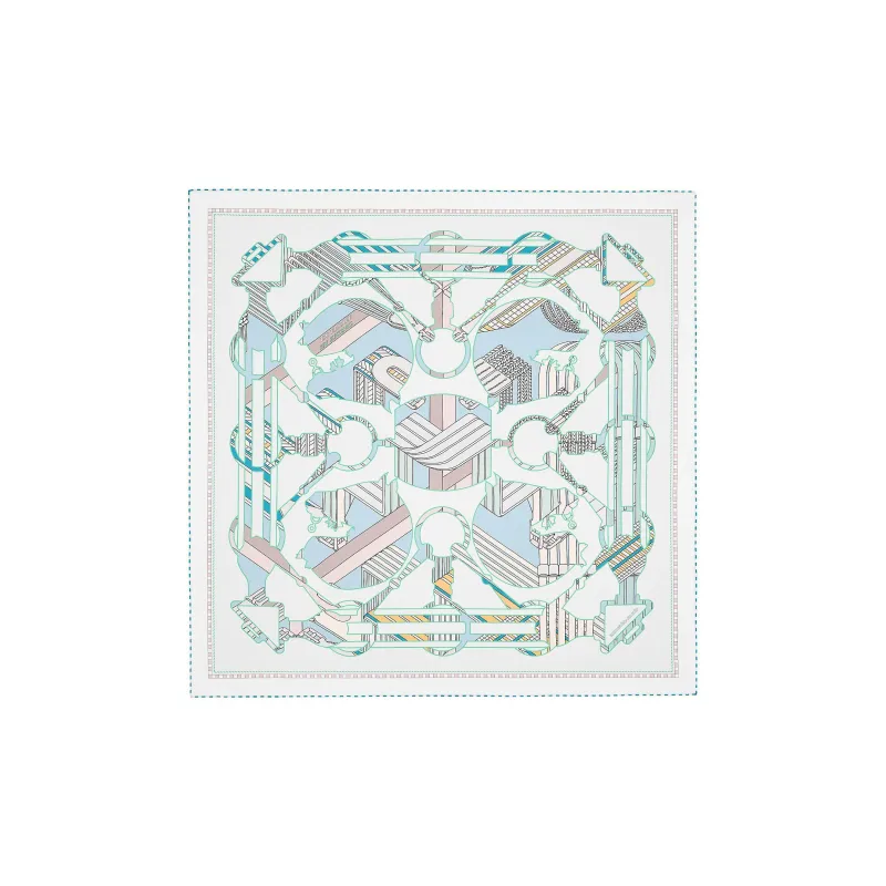 HERMES Curved Saddle Strap And Tatars Double Sided Square Scarf Light Blue/White-0