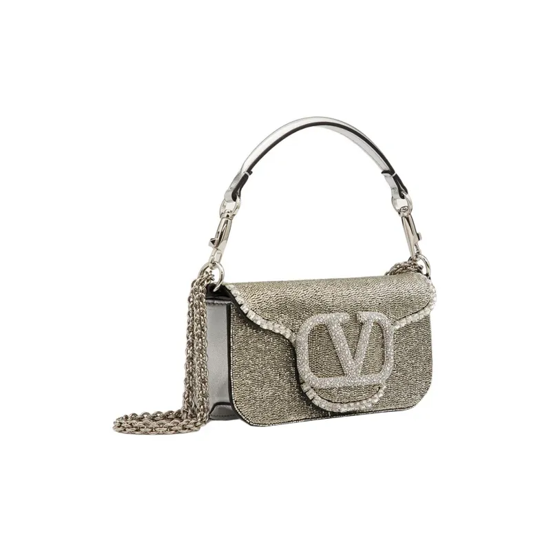 Valentino Locò Leather Embroidery Baguette Bag Shoulder Bag, Handbag Small Size Women's Silver-1