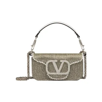 Valentino Locò Leather Embroidery Baguette Bag Shoulder Bag, Handbag Small Size Women's Silver