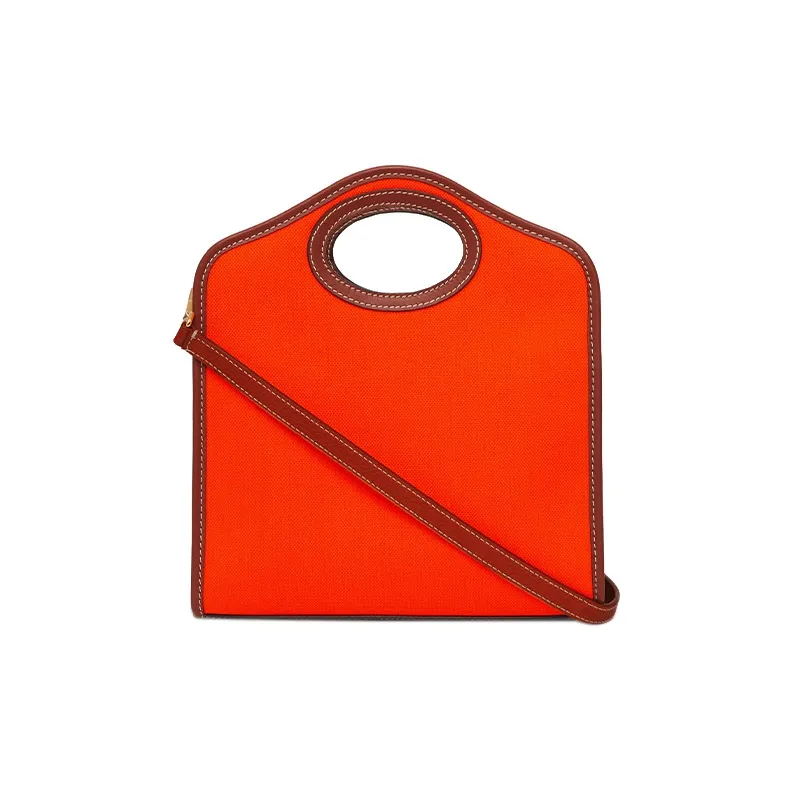 Burberry Leather Trim Tote Bag Shopping Bag Handbag Mini Women's Orange/Tan-3
