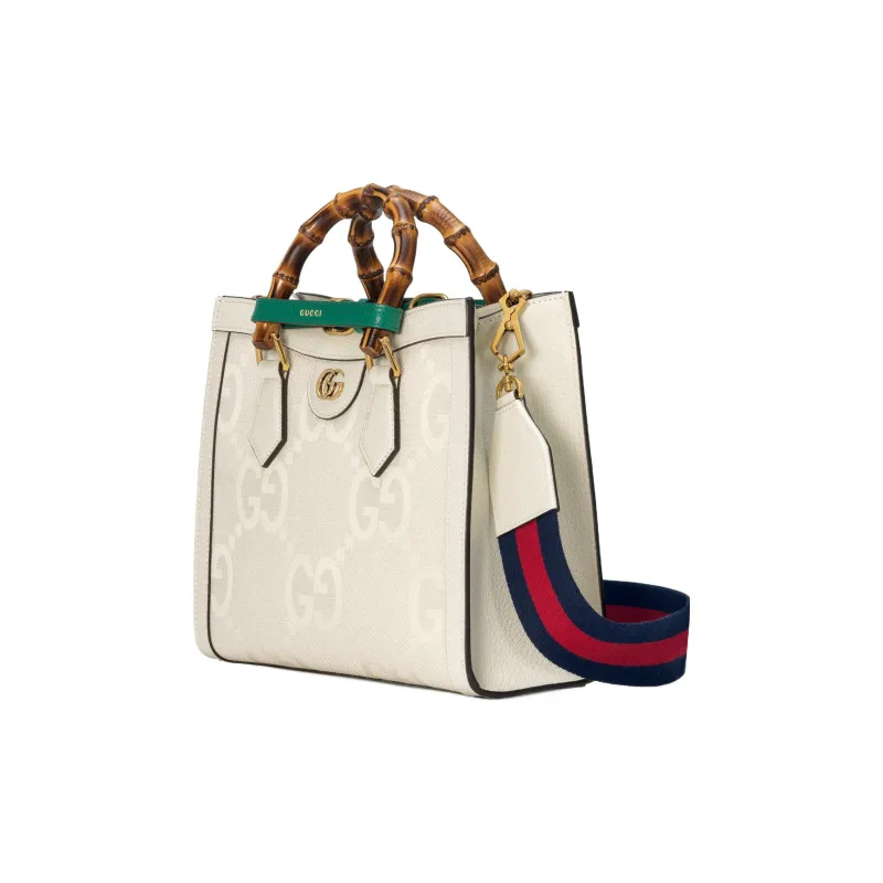GUCCI Diana Canvas Leather Trim Canvas Bag Tote Bag Shopping Bag Shoulder Bag Crossbody Bag Small Size Women's White-1