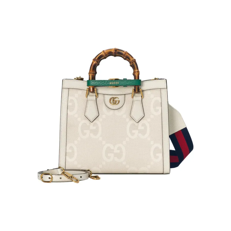 GUCCI Diana Canvas Leather Trim Canvas Bag Tote Bag Shopping Bag Shoulder Bag Crossbody Bag Small Size Women's White-2