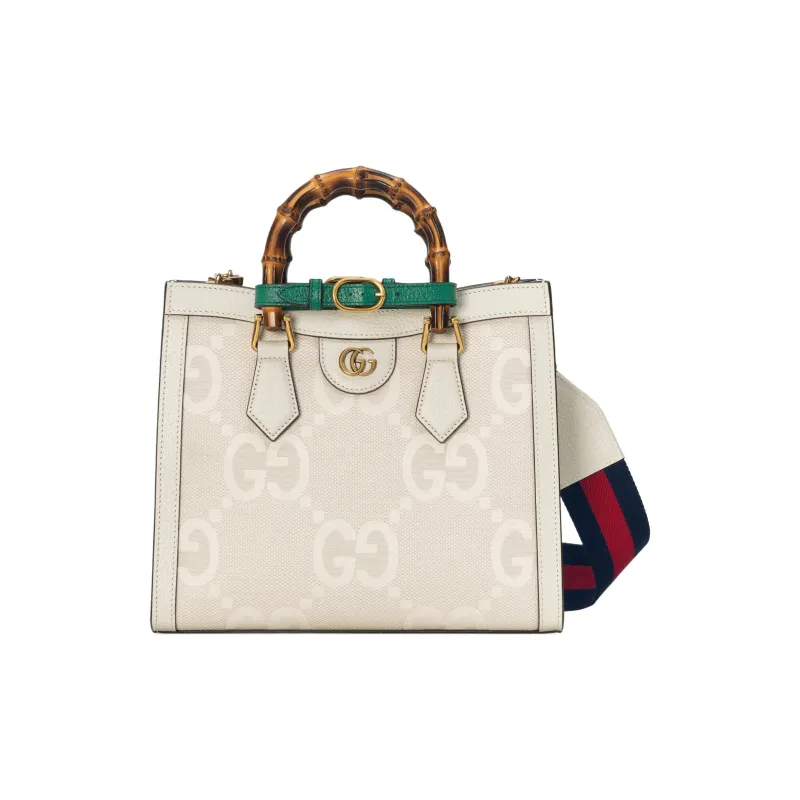 GUCCI Diana Canvas Leather Trim Canvas Bag Tote Bag Shopping Bag Shoulder Bag Crossbody Bag Small Size Women's White-3