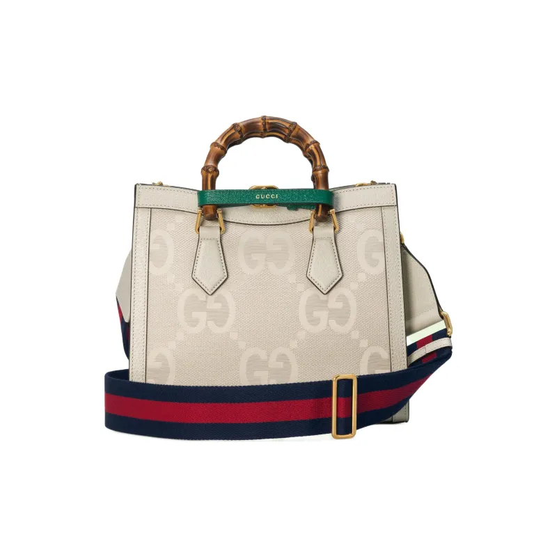 GUCCI Diana Canvas Leather Trim Canvas Bag Tote Bag Shopping Bag Shoulder Bag Crossbody Bag Small Size Women's White-4