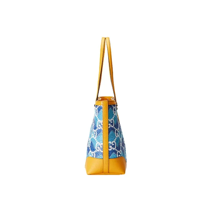GUCCI Leather Finish, Straw Fabric, Straw Woven Tote Bag, Shopping Bag, Handbag, Shoulder Bag Women's-2