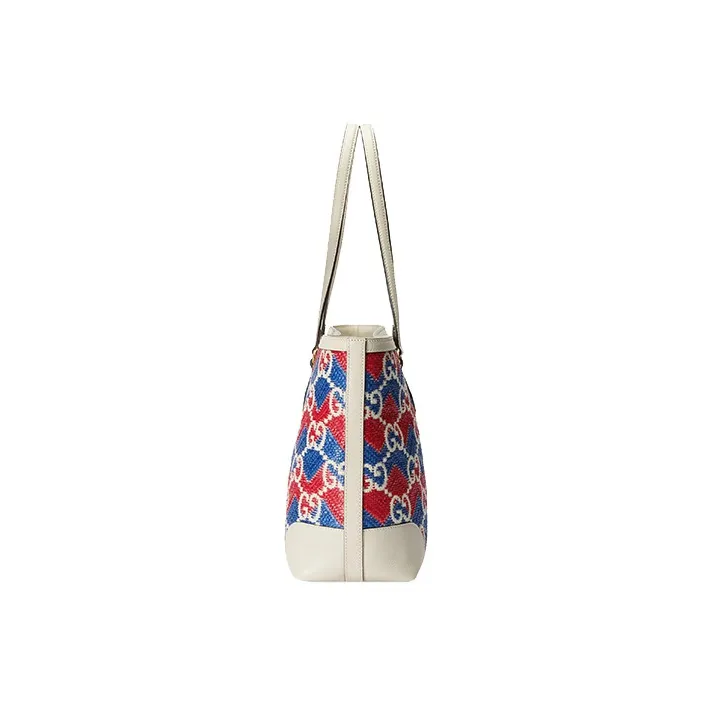 GUCCI Straw Fabric Tote Bag, Shopping Bag, Handbag, Shoulder Bag Women's Blue & Red-2