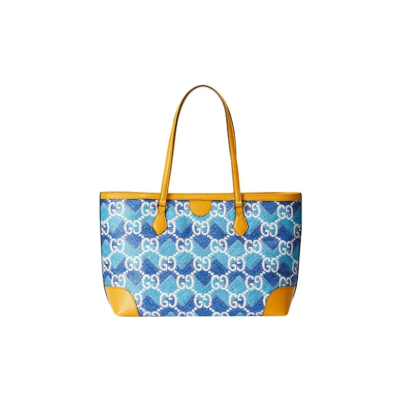 GUCCI Leather Finish, Straw Fabric, Straw Woven Tote Bag, Shopping Bag, Handbag, Shoulder Bag Women's-3