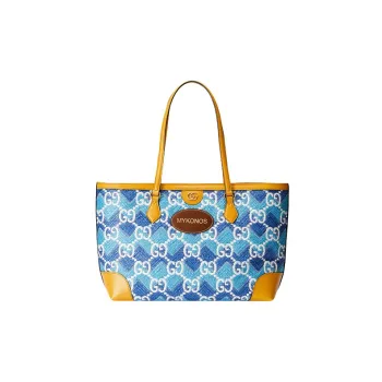 GUCCI Leather Finish, Straw Fabric, Straw Woven Tote Bag, Shopping Bag, Handbag, Shoulder Bag Women's