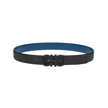 FERRAGAMO Matte Double-Sided Adjustable Plate Buckle Belt Leather Belts Men's Black/Denim Blue Width: 3.5cm