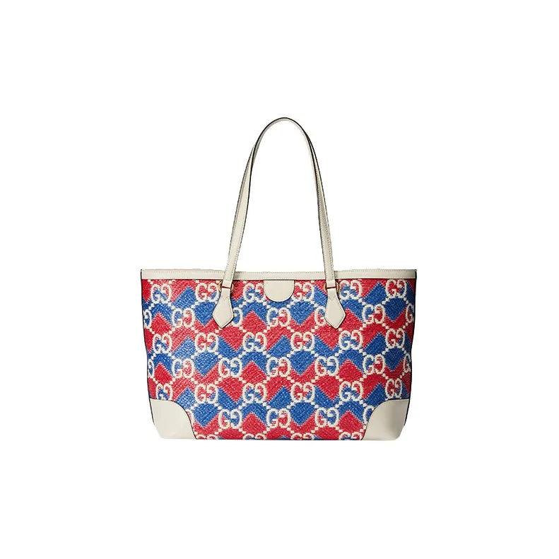 GUCCI Straw Fabric Tote Bag, Shopping Bag, Handbag, Shoulder Bag Women's Blue & Red-3
