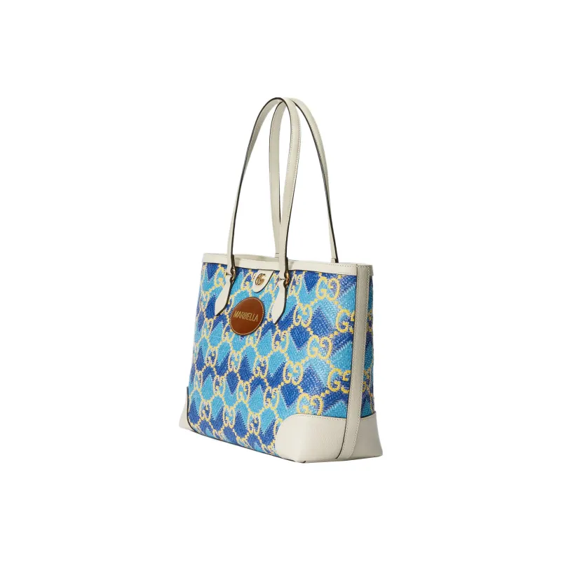 GUCCI Straw With Leather Tote Bag Shopping Bag Shoulder Bags Regular Women's Blue/Ecru-1