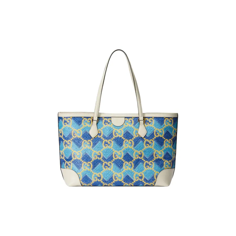 GUCCI Straw With Leather Tote Bag Shopping Bag Shoulder Bags Regular Women's Blue/Ecru-3