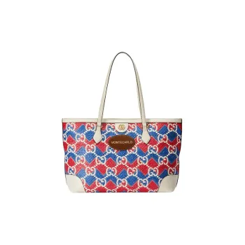 GUCCI Straw Fabric Tote Bag, Shopping Bag, Handbag, Shoulder Bag Women's Blue & Red