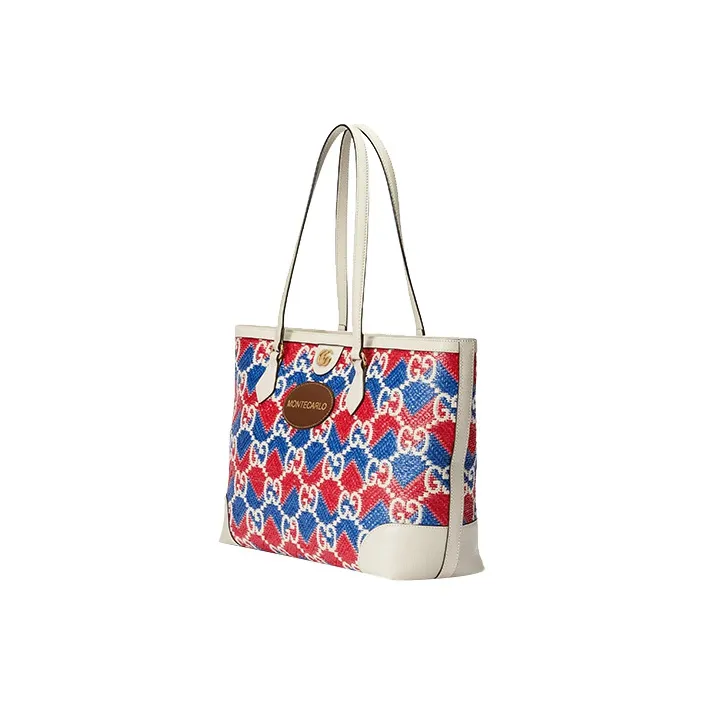 GUCCI Straw Fabric Tote Bag, Shopping Bag, Handbag, Shoulder Bag Women's Blue & Red-1