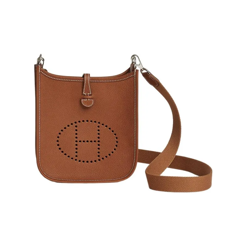 HERMES Evelyne Leather Saddle Bag, Shoulder Bag, Crossbody Bag Mini Women's Gold Brown-0
