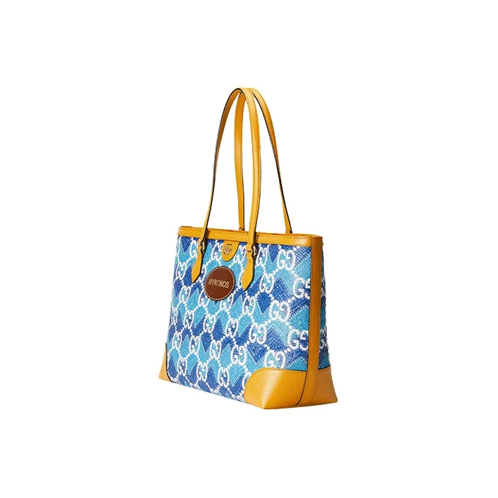 GUCCI Leather Finish, Straw Fabric, Straw Woven Tote Bag, Shopping Bag, Handbag, Shoulder Bag Women's-1