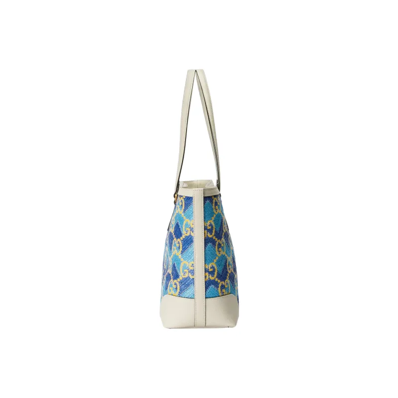GUCCI Straw With Leather Tote Bag Shopping Bag Shoulder Bags Regular Women's Blue/Ecru-2