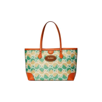 GUCCI Straw Fabric Tote Bag, Shopping Bag, Shoulder Bag, Handbag Women's Green/Yellow Orange