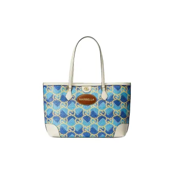 GUCCI Straw With Leather Tote Bag Shopping Bag Shoulder Bags Regular Women's Blue/Ecru