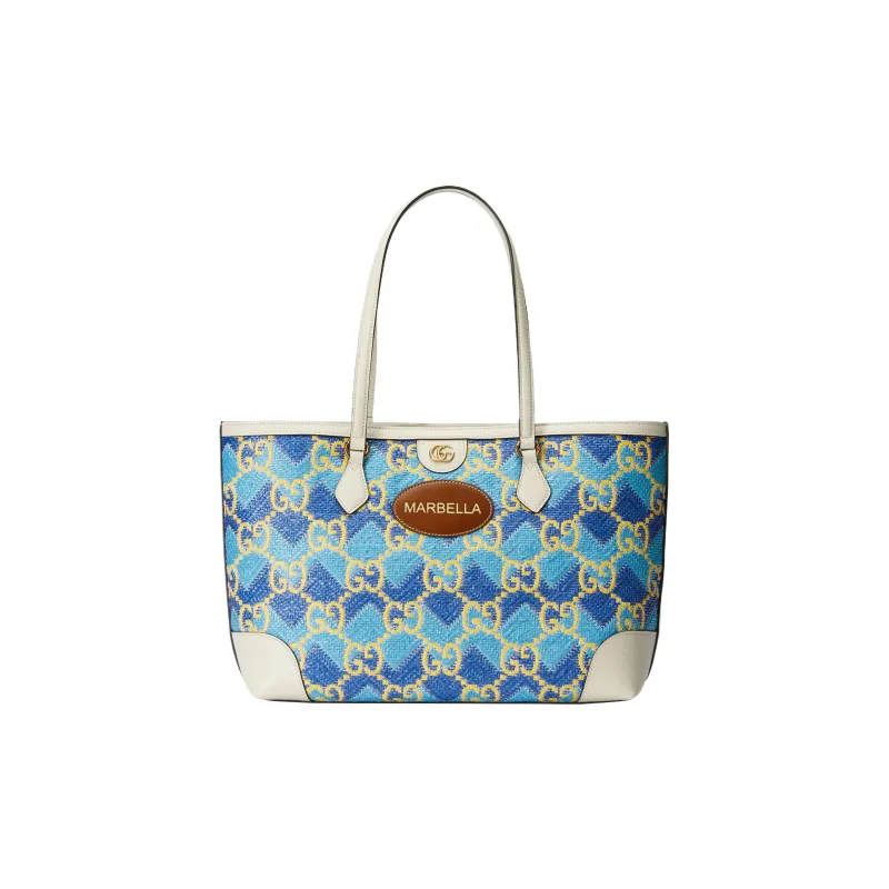 GUCCI Straw With Leather Tote Bag Shopping Bag Shoulder Bags Regular Women's Blue/Ecru-0