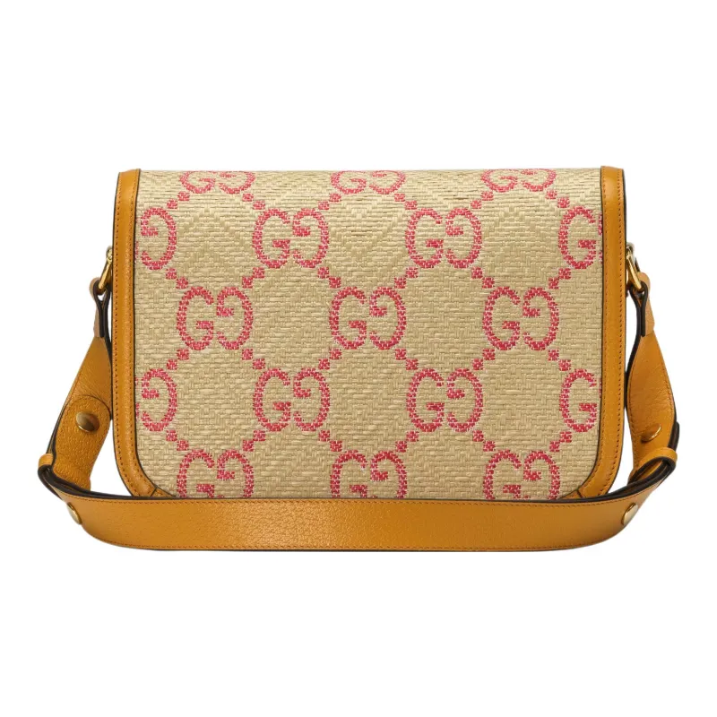 GUCCI Horsebit 1955 Raffia Effect With Leather Saddle Bag, Shoulder Bag Small Size Women's Beige, Yellow, & Red-2