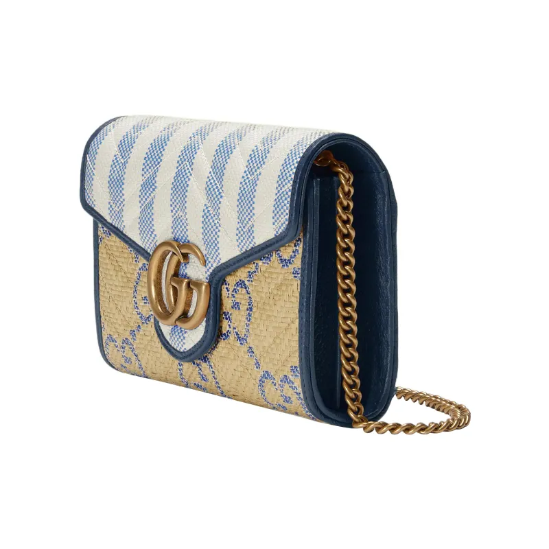 GUCCI GG Marmont Raffia Effect Fabric Envelope Bag, Crossbody Bag Mini Women's Beige/Blue-1