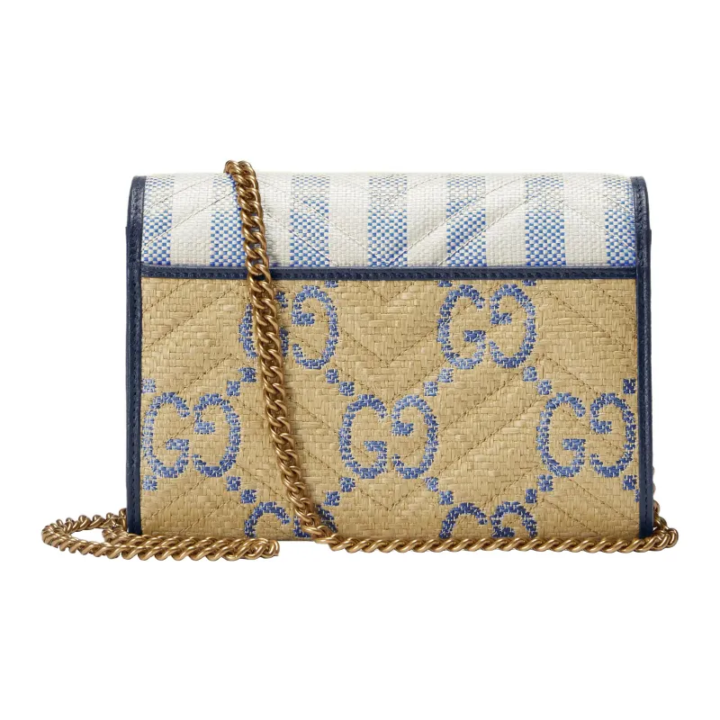 GUCCI GG Marmont Raffia Effect Fabric Envelope Bag, Crossbody Bag Mini Women's Beige/Blue-3