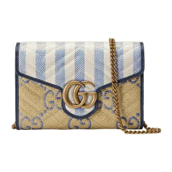GUCCI GG Marmont Raffia Effect Fabric Envelope Bag, Crossbody Bag Mini Women's Beige/Blue