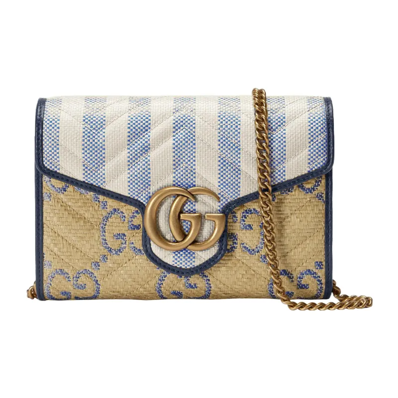 GUCCI GG Marmont Raffia Effect Fabric Envelope Bag, Crossbody Bag Mini Women's Beige/Blue-0