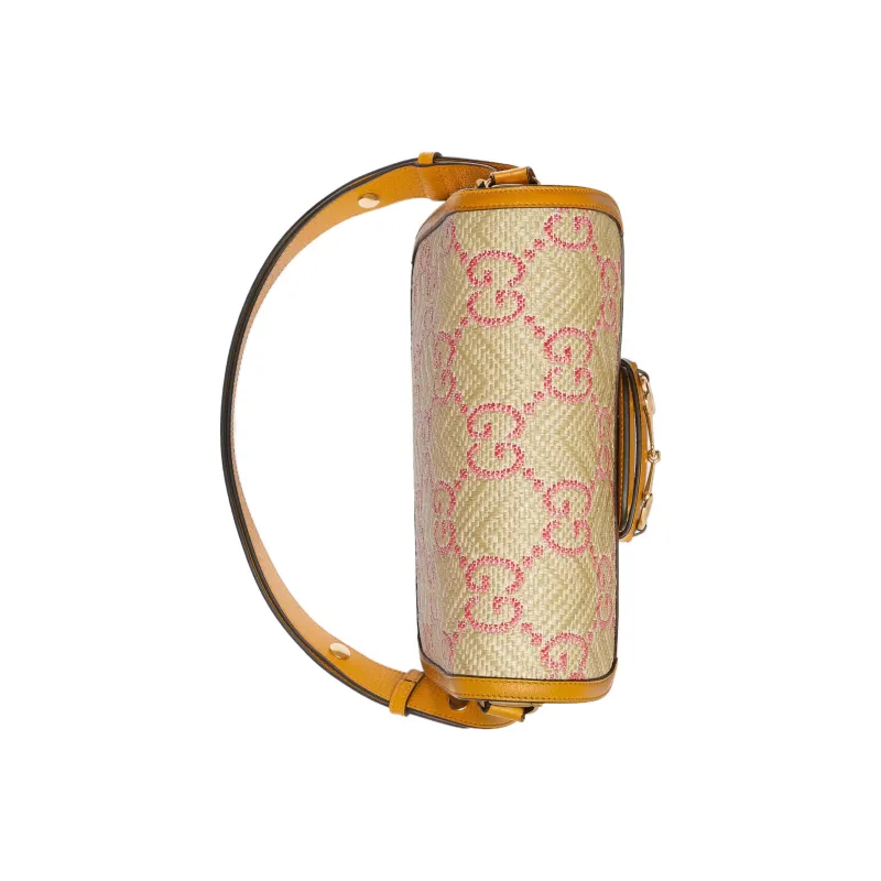 GUCCI Horsebit 1955 Raffia Effect With Leather Saddle Bag, Shoulder Bag Small Size Women's Beige, Yellow, & Red-4