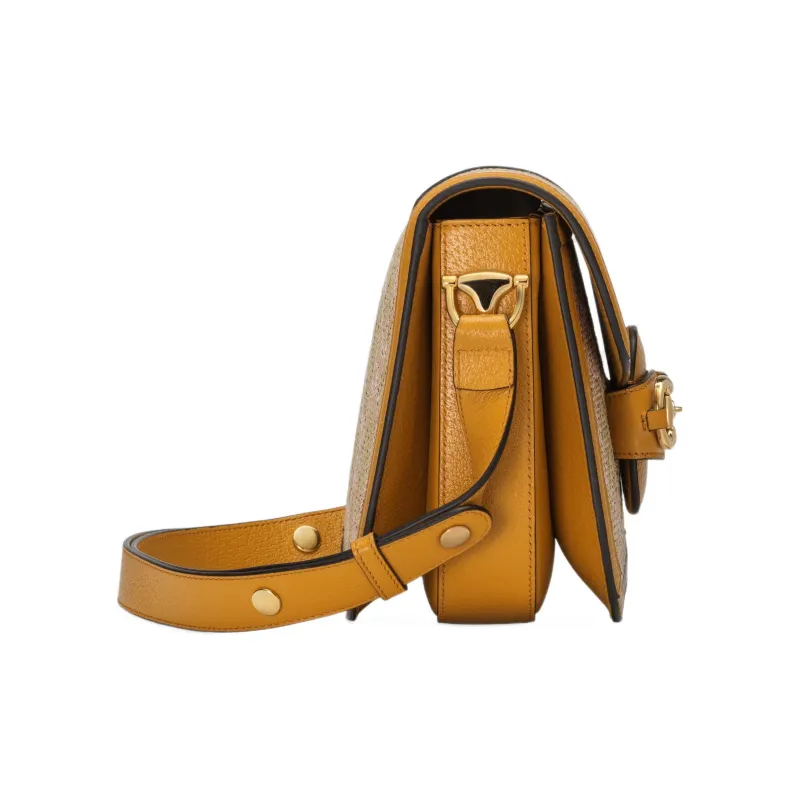 GUCCI Horsebit 1955 Raffia Effect With Leather Saddle Bag, Shoulder Bag Small Size Women's Beige, Yellow, & Red-3
