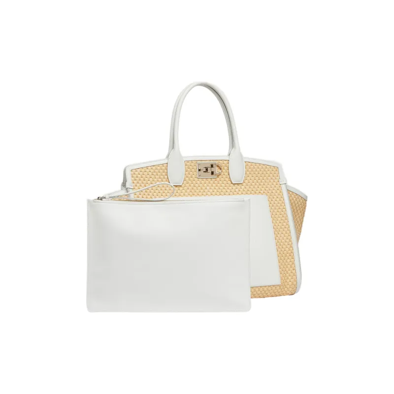 FERRAGAMO Studio Fabric Cow Leather Patchwork Handbag Extra Large Women's White-4