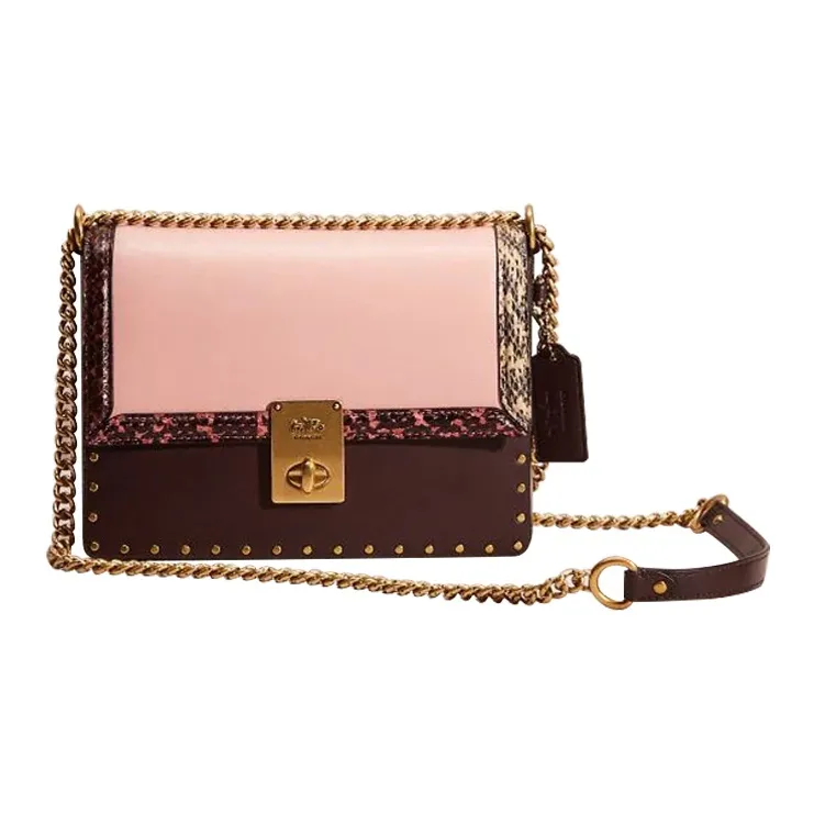 COACH Jennifer Lopez Collaboration Hutton Leather With Snake Skin Crossbody Bag Small Size Women's Brown & Pink-0