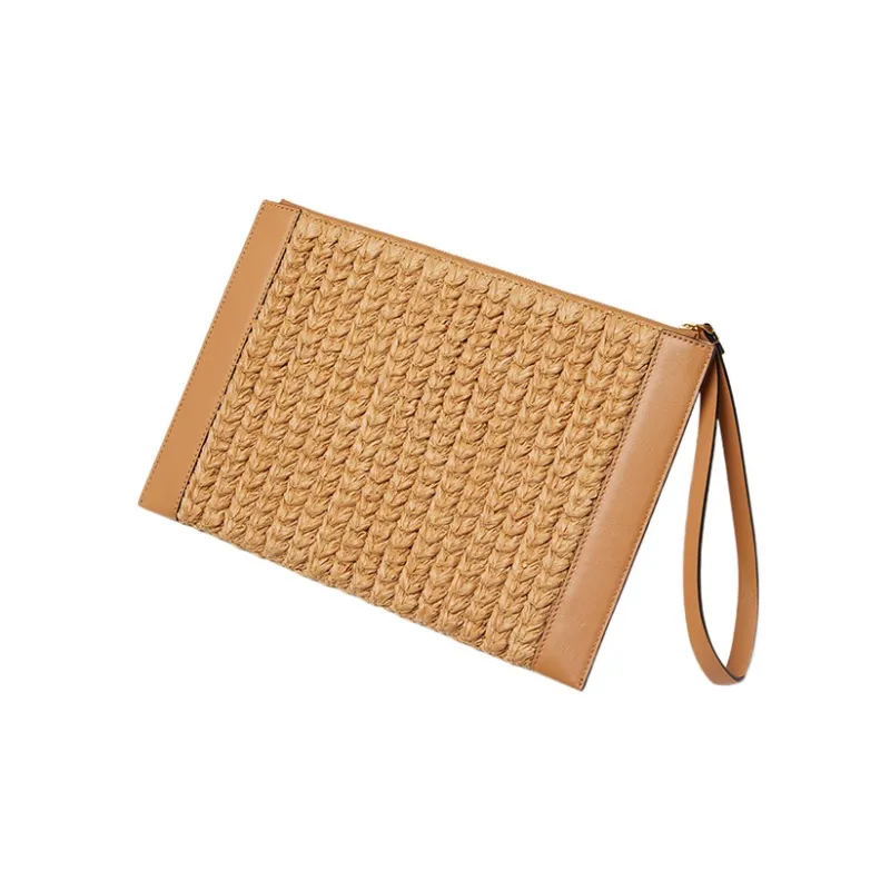 Valentino GARAVANI Leather Patchwork With Raffia Clutch Regular Women's Brown Natural-2