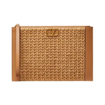 Valentino GARAVANI Leather Patchwork With Raffia Clutch Regular Women's Brown Natural