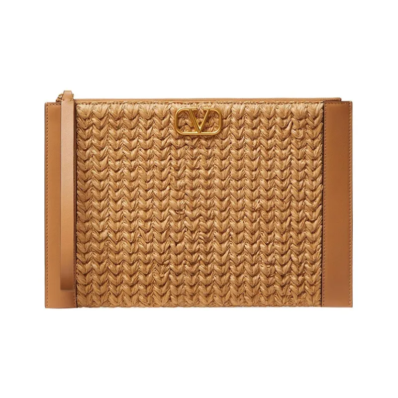 Valentino GARAVANI Leather Patchwork With Raffia Clutch Regular Women's Brown Natural-0