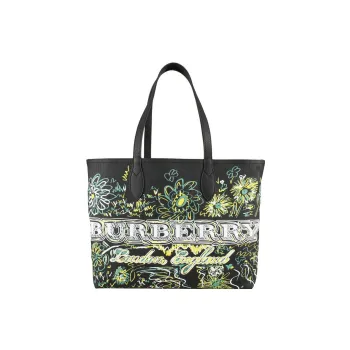 Burberry Fabric With Leather Tote Bag Shopping Bag Shoulder Bag Handbag Regular Women's Black/Multicolor