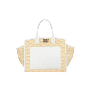FERRAGAMO Studio Fabric Cow Leather Patchwork Handbag Extra Large Women's White