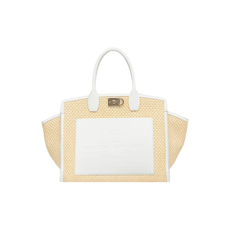 FERRAGAMO Studio Fabric Cow Leather Patchwork Handbag Extra Large Women's White-0