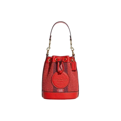 COACH Dempsey Straw With Leather Bucket Bag Handbag Shoulder Bag Crossbody Bag Mini Women's Miami Red
