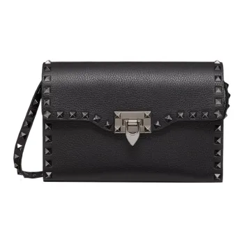 Valentino Rockstud Grain Calfskin, Silver Buckle Shoulder Bag, Crossbody Bag, Handbag Small Size Women's Black/Silver