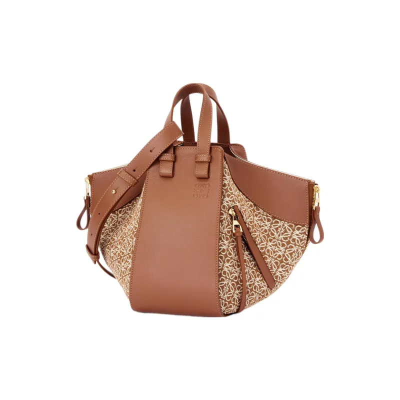 LOEWE Anagram Jacquard Fabric With Cow Leather Hammock Handbag Trumpets Women's Tan-1