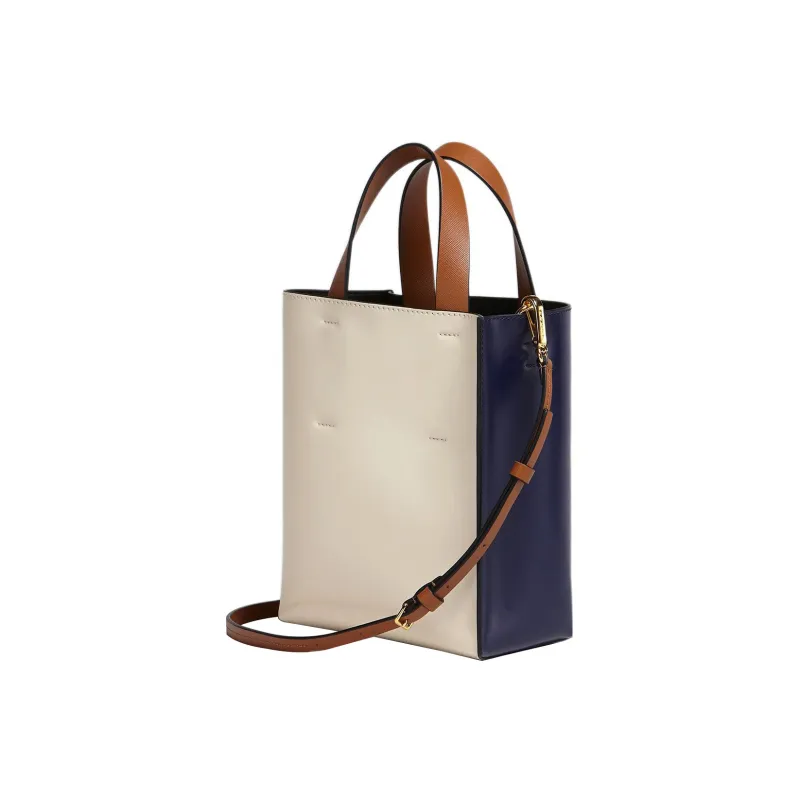 MARNI Calfskin Tote Bag, Shopping Bag, Handbag Mini Women's Blue/White-2